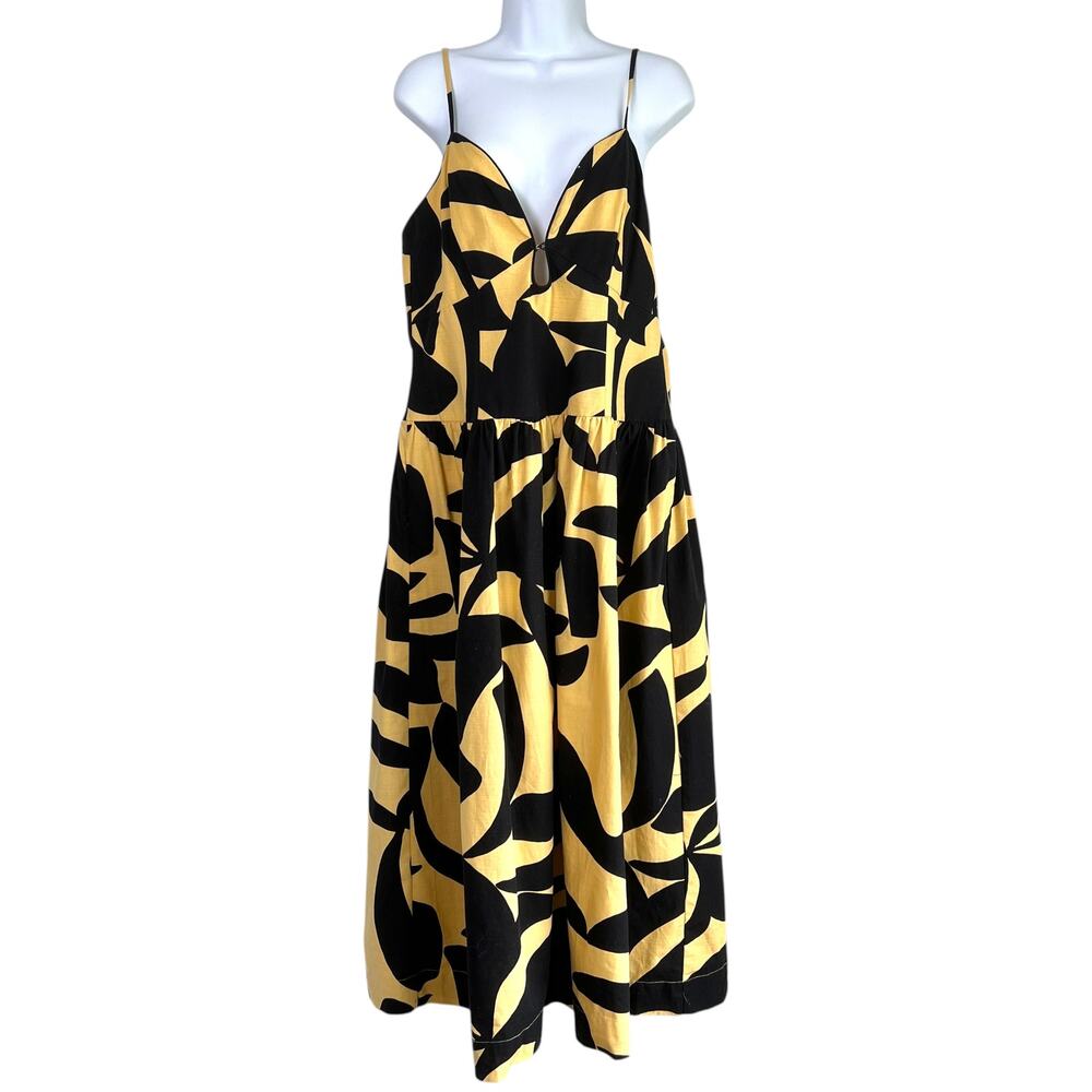 Mon Renn‎ Midi Dress Size L Yellow Black Abstract Minimalist Resort Luxury